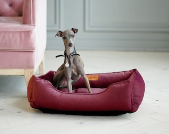 Burgundy Velour Dog Bed, Modern Plush Mat, Luxury Pet Bed Couch, Dog Lounge Bed, Dog Bed Furniture