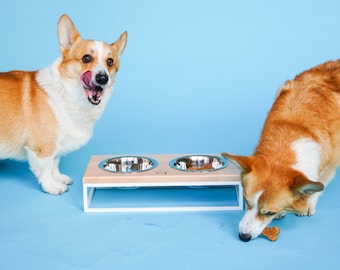 Modern Feeding Stand for Pet / Raised bowls with WOOD / White Raised PET FEEDER / Gift for dog owners / Cat feeder / White base