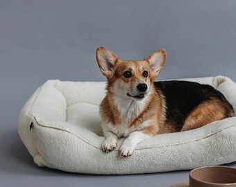 Fur dog bed, large dog bed, cozy washable cushion for puppy, removable cover white bed for corgi