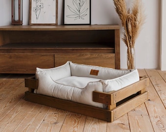 Wooden Frame Dog Bed: Vanilla White Velour, Washable Pet Bed