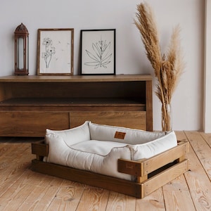 Wooden Frame Dog Bed: Vanilla White Velour, Washable Pet Bed