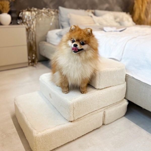 Two Sizes Dog Stairs for High Bed, Milky Fur Dog Stairs, Soft Pet Ramps, Dog Steps for Bed, Pet Steps for Small or Senior Dogs