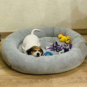 Cama ovalada para perros en forma de donut, gris, para invierno, cálida, talla S (60 x 50 cm)