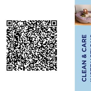 May include: Black and white QR code with the text "Clean & Care Instructions" in blue text on a light blue background.
