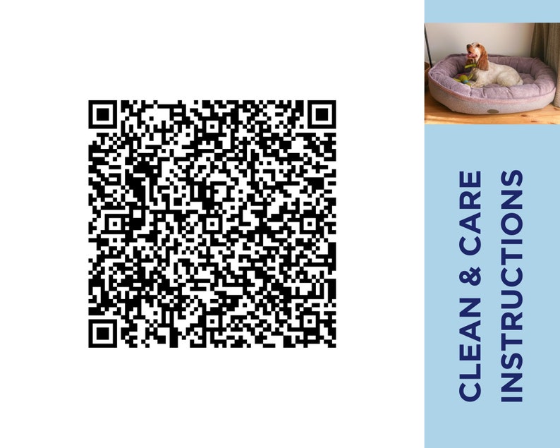 May include: Black and white QR code with the text "Clean & Care Instructions" in blue text on a light blue background.
