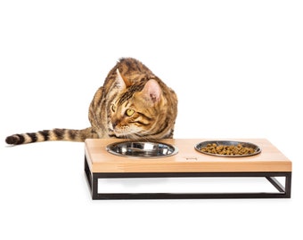 Elevated cat bowl set, Cat Bowls stand, Modern Cat bowls for water and food, Wooden feeder for pet, stable black metal base