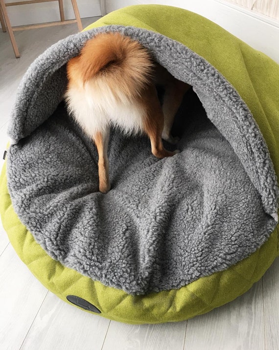 Dog Cave Bed Green Floor Pillow For Short Haired Dogs Beds With Cover And Grey Faux Fur Italian Greyhound Sleeping Shelter
