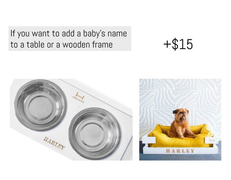 Pu&ograve; includere: Set di due ciotole per cani bianche con il nome personalizzato "HARLEY" in lettere dorate. Le ciotole sono in acciaio inossidabile e sono montate su una base in legno bianco. Il testo "+$15" &egrave; visibile nell'immagine.
