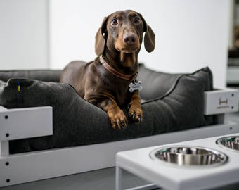 Orthopedic Dog Bed with White Wooden Frame, Washable Pet Lounger Couch