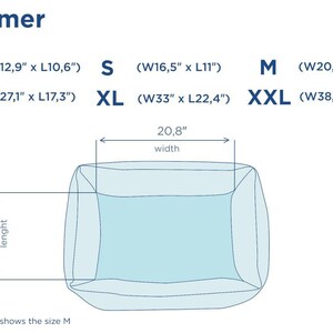 May include: Size chart for a Dreamer dog bed in various sizes, including XS, S, M, L, XL, and XXL. The chart shows the width and length of each size in inches. An illustration of the size M bed is shown.