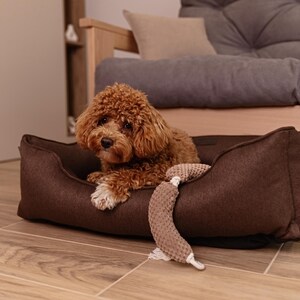 May include: A brown dog bed with a plush, textured surface. A small, curly-haired, brown dog is resting inside the bed. A beige and white dog toy is lying next to the bed. The bed is on a wooden floor.