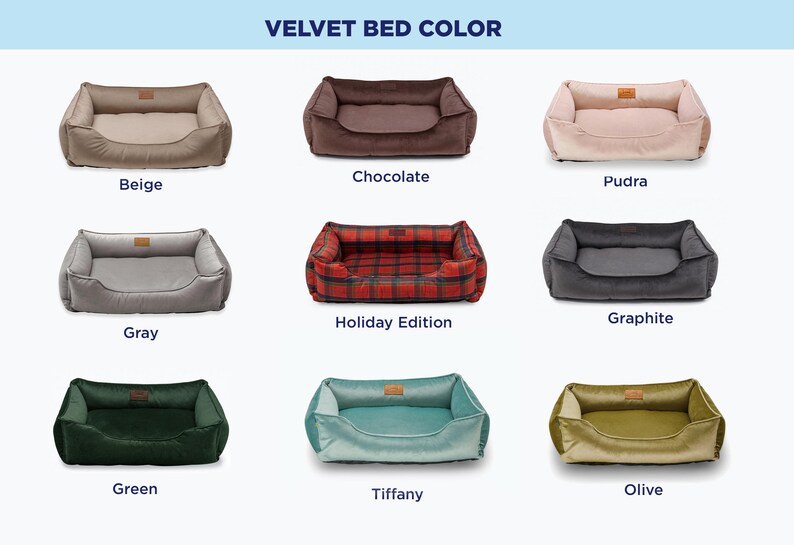 May include: Image showcasing a variety of velvet dog beds in different colors. The beds are rectangular with a low profile and a raised back. Colors include beige, chocolate, pudra, gray, holiday edition, graphite, green, tiffany, and olive.