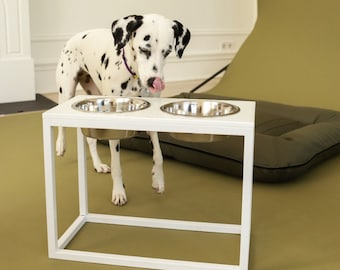 Dog bowls for messy drinkers, WHITE stone raised dog bowls, dog bowls in stand Extra Large sizes, tall double dog bowls