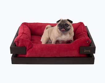 Dog Bed In Brown Wooden Frame, Durable Red Lounge Bed For Medium Size Dog, Fance BedsFor Dogs