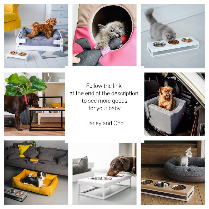 K&ouml;nnte beinhalten: Eine Collage aus Bildern, die verschiedene Haustierprodukte zeigen, darunter Betten, Schalen und einen Autositz. Die Bilder zeigen Hunde und Katzen, die die Produkte genie&szlig;en. Der Text "Folgen Sie dem Link am Ende der Beschreibung, um weitere Produkte f&uuml;r Ihr Baby Harley und Cho zu sehen" wird in der Mitte der Collage angezeigt.