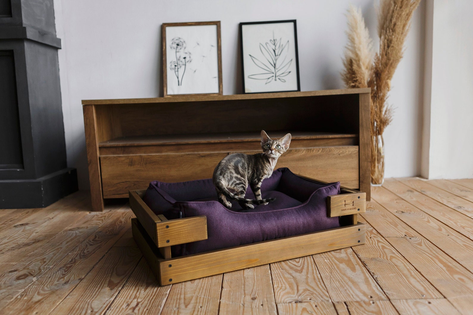 Pet Bed With Wooden Frame for Cats Canvas Cat Bed Kitty Etsy