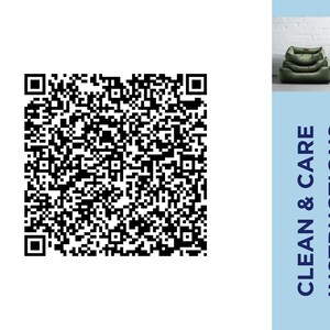 May include: A QR code on a white background, with a light blue vertical panel on the right. The panel has the words "CLEAN & CARE INSTRUCTIONS" in dark blue. A photo of a green pet bed is in the upper right corner.