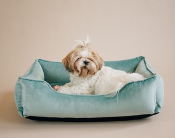 Personalized Turquoise Velvet Dog Bed, Removable Washable Cover, Pet Sofa