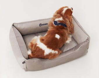 Personalized Gray Velvet Dog Bed, Washable Orthopedic Pet Cushion
