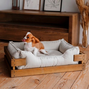 Dog bed wooden frame Nature Vanilla white velour Wood frame bed for dog Small dog bed medium dog bed Large dog bed Extra dog bed image 2