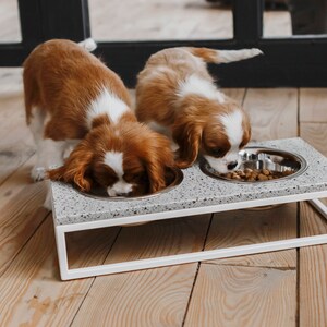 Small Dog feeder / Small dog bowls stand with stone top and metal base / Middle size raised bowls for pet / Grey dog feeder / White feeder