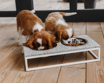 Small Dog feeder / Small dog bowls stand with stone top and metal base / Middle size raised bowls for pet / Grey dog feeder / White feeder