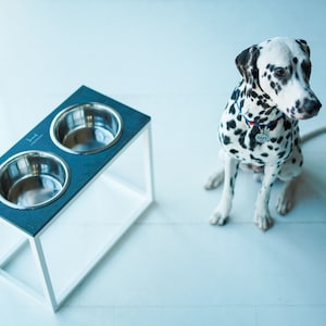 Raised dog feeder with two bowls 2800 ml / 1800 ml  Faux stone top + white metal table legs