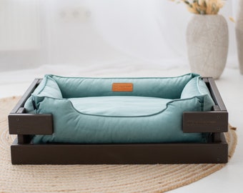 Soft Velvet Dog Bed With Brown Wooden Frame, Bed For Small, Medium, Big Dog, Gift For Dog Owner