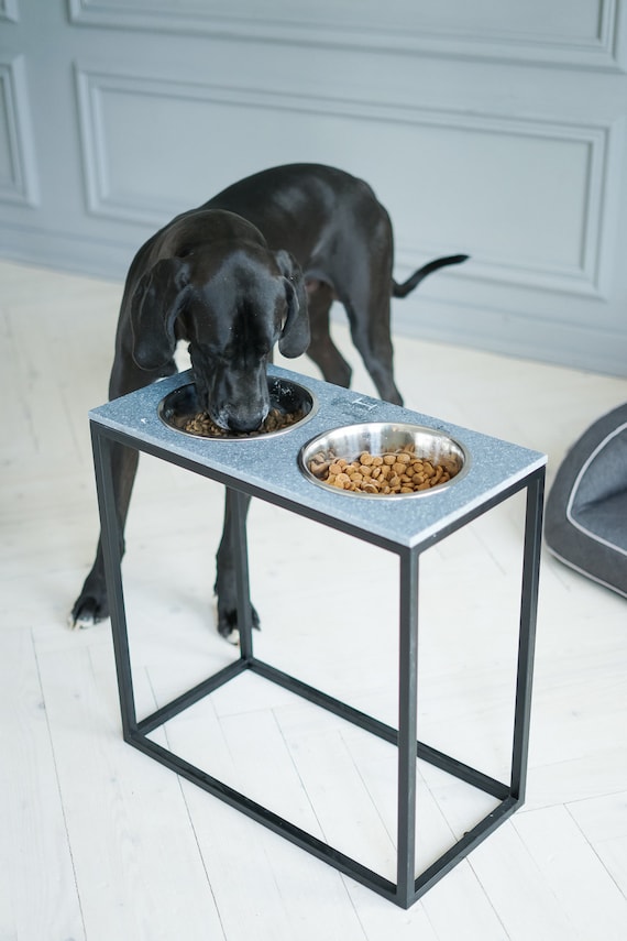 Dog Bowls Stand Feeder for Tall Dogs 2800 Ml / 1800 Ml Extra Large Table  Faux Stone Top Black Base 
