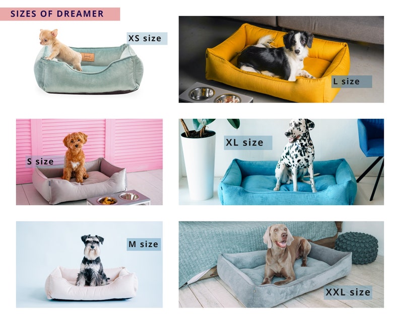 May include: The image showcases various sizes of dog beds, labeled XS to XXL. Each bed is a different color, including teal, yellow, gray, and blue, and features a dog of a corresponding size. The text "SIZES OF DREAMER" is at the top.