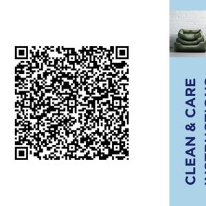 May include: Black and white QR code with the text "Clean & Care Instructions" in blue text on a light blue background.