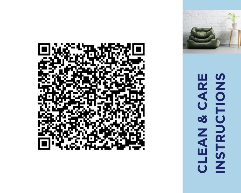 May include: Black and white QR code with the text "Clean & Care Instructions" in blue text on a light blue background.