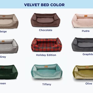 May include: Image showcasing a variety of velvet dog beds in different colors. The beds are rectangular with a low profile and a raised back. Colors include beige, chocolate, pudra, gray, holiday edition, graphite, green, tiffany, and olive.