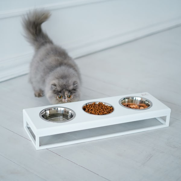 Pet Triple Bowl White metal stand + Wooden top /  raised stands for cats / Flat bowl for fry food / Feeder for cat family / Three cat bowls