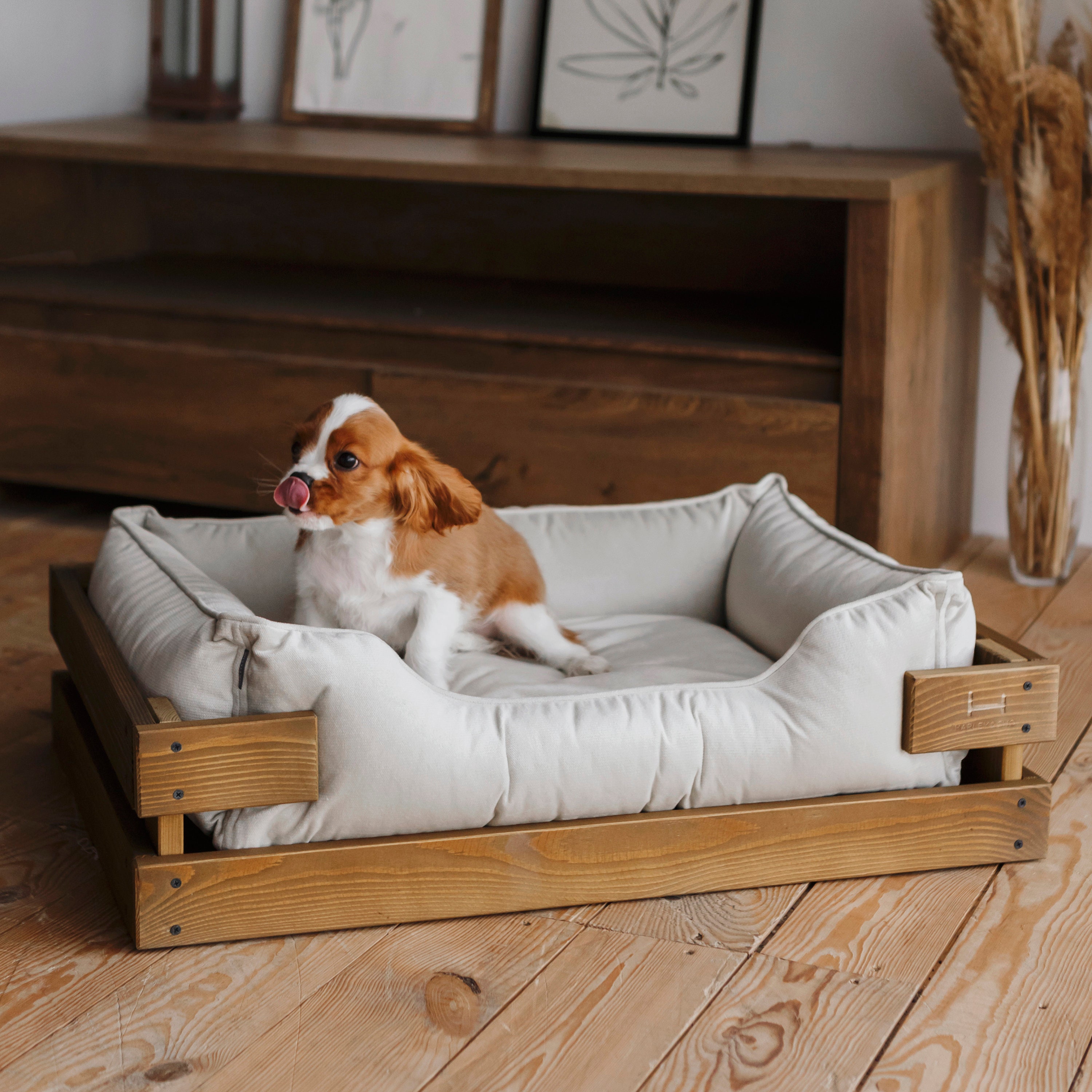 Dog Bed Wooden Frame Nature Vanilla Velvet Wood Frame Bed Etsy