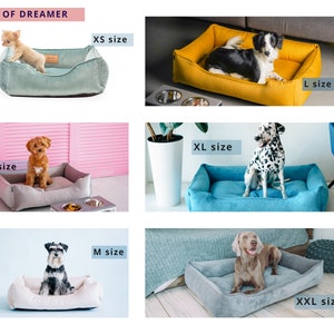 May include: The image showcases dog beds in various sizes, from XS to XXL. Each bed is a different color, including teal, yellow, gray, and blue, and features a dog of a corresponding size. The text "SIZES OF DREAMER" is at the top.