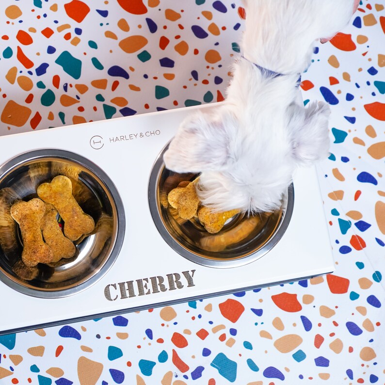 Pu&ograve; includere: Cuccia per cani in ceramica bianca con due ciotole, una con biscotti per cani e il testo "CHERRY" sul davanti, e l'altra con il testo "HARLEY & CHO" sul davanti.