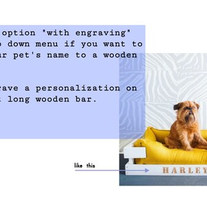 May include: A white wooden dog bed with a yellow cushion. The bed has a personalized nameplate that reads "HARLEY".