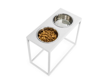 Dog bowls for messy drinkers, WHITE stone raised dog bowls, dog bowls in stand Extra Large sizes, tall double dog bowls