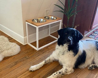 Extra stor hundskål 1800 ml med upphöjt stativ Trätopp + vit ram / Upphöjd matare för stor hund / Matstation med 2 stora hundskålar