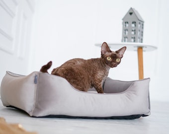 Padded Cat bed Silver Velvet Small Soft bed S-M sizes Modern pet furniture for home - Gray