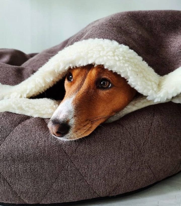 Hooded Dog Beds With Faux Fur BROWN Warm Bed Pillow for Short
