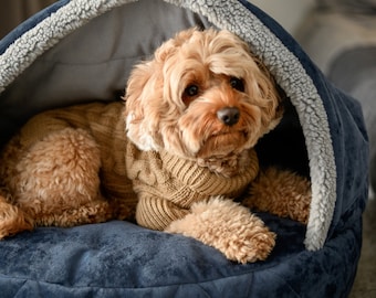 Letto per cani con cappuccio in peluche: letto per animali domestici in memory foam lavabile