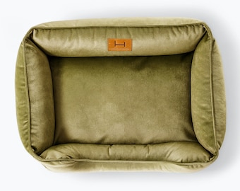 Olive Velvet Dog Bed with Sides, Washable Cover, Personalized Pet Sofa