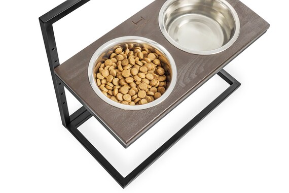 Dog Feeding Station With Height Adjustable Stand Brown Wooden Etsy