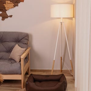 May include: A brown dog bed sits on a wooden floor in a living room setting. The bed is rectangular with raised sides. A gray futon, a white floor lamp, and a wooden map of a country are also visible.