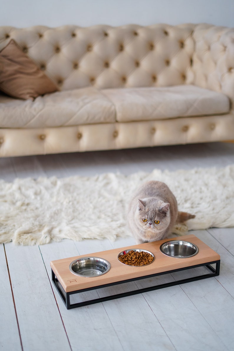 Cat Three Bowls Black Metal Stand Wooden Top Triple Cat Etsy