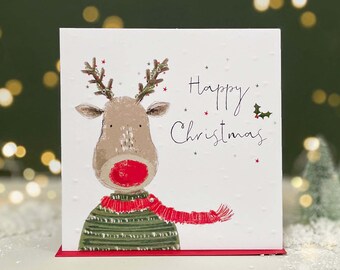 Happy Christmas - Handfinished Cute Christmas Card with Snow Embossing and Crystals