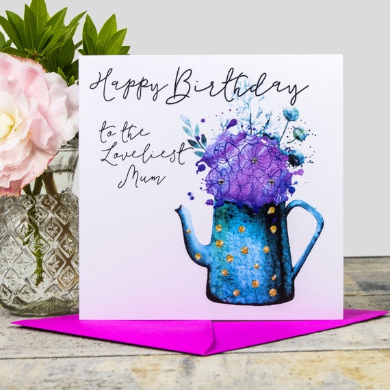 Joyeux Anniversaire à La Plus Belle Maman Pot De Fleurs Carte Danniversaire Aquarelle à La Main Avec La Main Appliquée Paillettes
