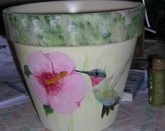 Ruby Throated Hummingbird Hand Painted Clay Pot,  A Variety of Sizes